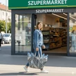 Nő összehajtható táskával üvegvisszaváltás közben. Könnyű, nagyméretű táska – ideális bevásárláshoz és utazáshoz.